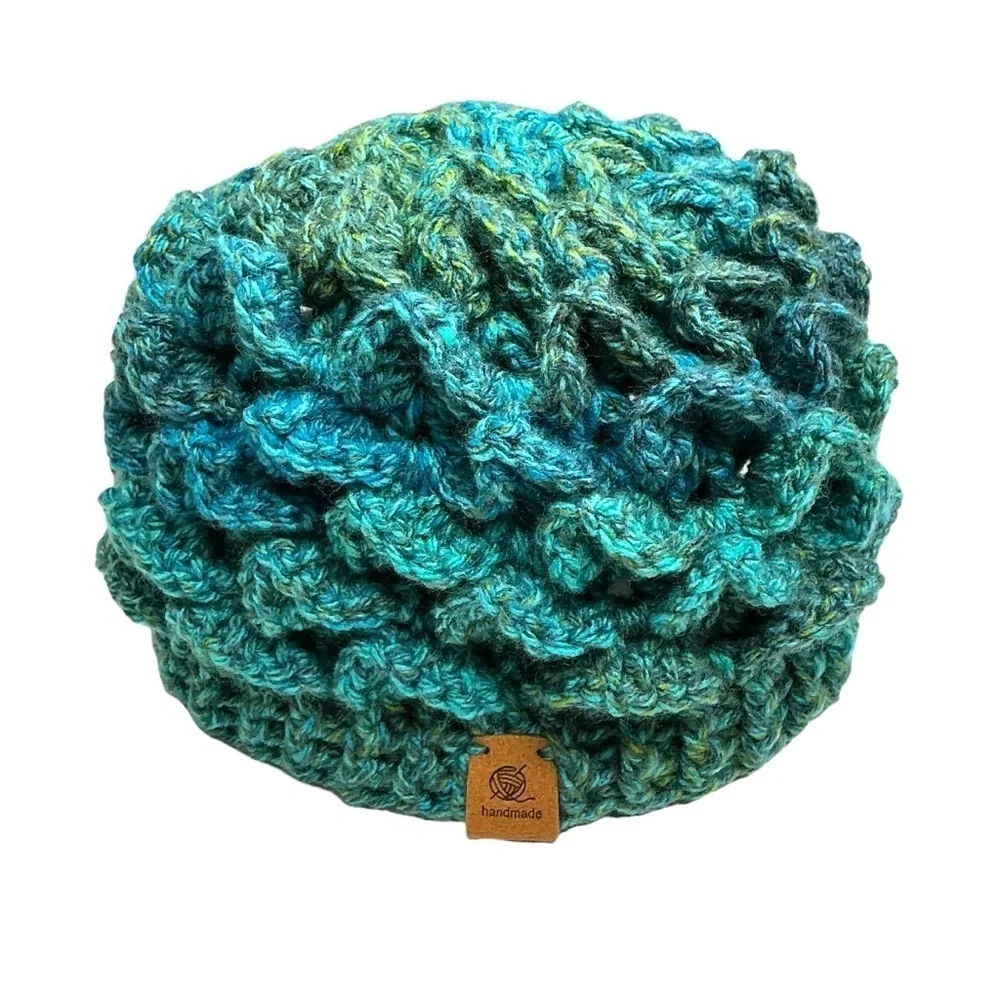 Kids Winter Beanie Hat Blue‎ Green Crocodile Dragon Scale Handcrafted Crochet